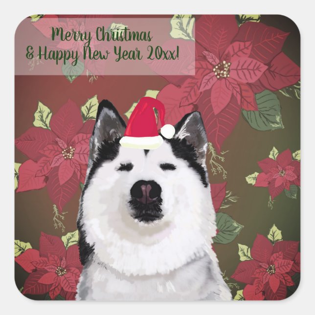 Happy New year, Christmas  Sticker, Husky ,Flowers Square Sticker (Front)