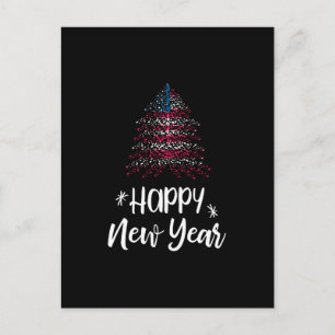 Happy New Year Christmas tree with American flag Holiday Postcard