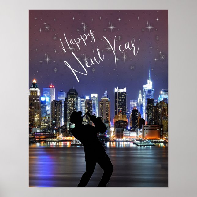 Happy New Year City Skyline Trumpet Man Stars Poster (Front)