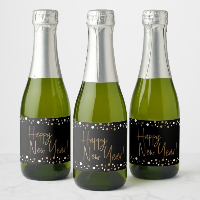 Happy New Year Classy Black Gold White Confetti  Sparkling Wine Label (Bottles)