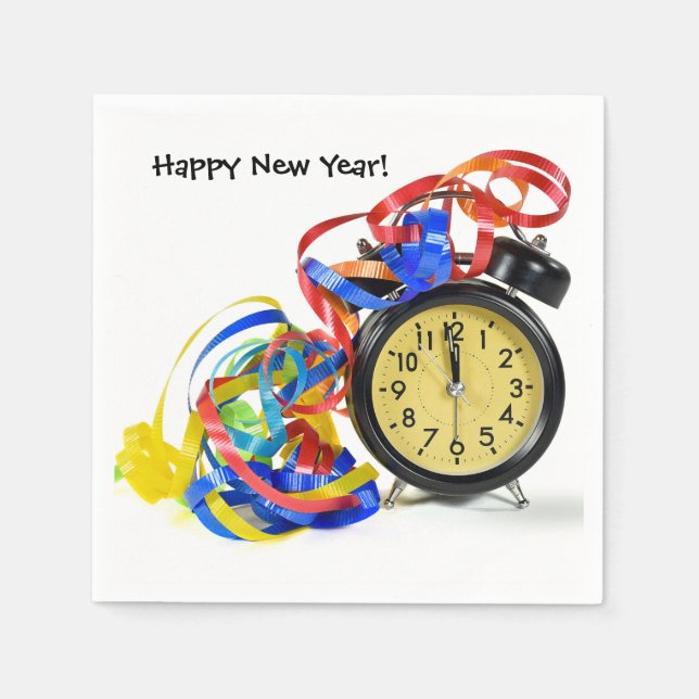 Happy New Year Clock and Ribbons Napkin (Front)