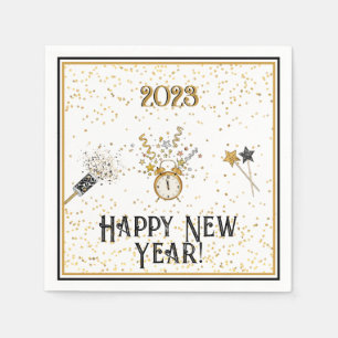 Happy New Year Clock Gold and Black Napkins