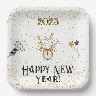 Happy New Year Clock Gold and Black   Paper Plate