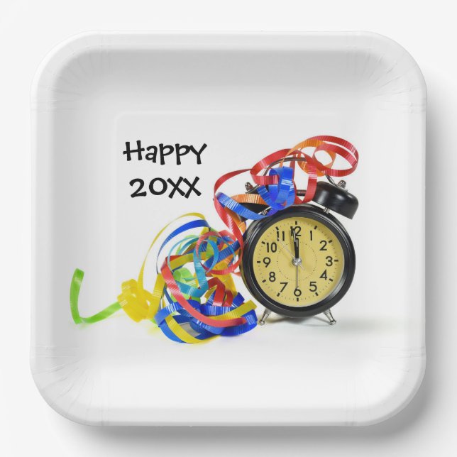 Happy New Year Clock Party Paper Plate (Front)