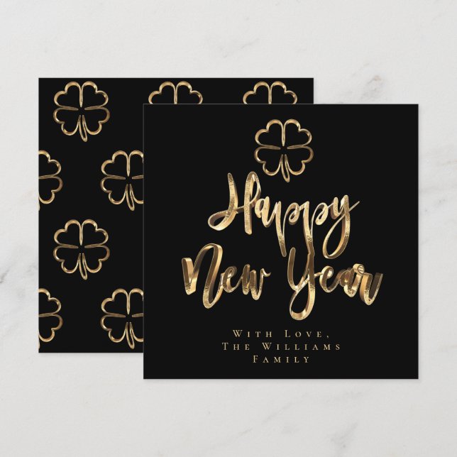 Happy New Year Clover Elegant Black and Gold Chic Holiday Card (Front/Back)
