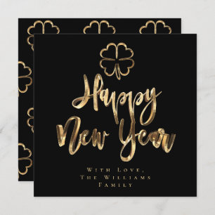 Happy New Year Clover Elegant Black and Gold Chic Holiday Card