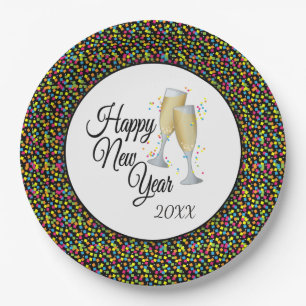Happy New Year Colourful Confetti Champagne Paper Plate