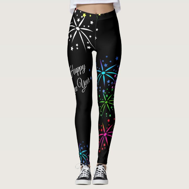Happy new year colourful fireworks script leggings (Front)