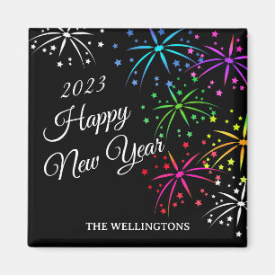 Happy new year colourful fireworks script magnet