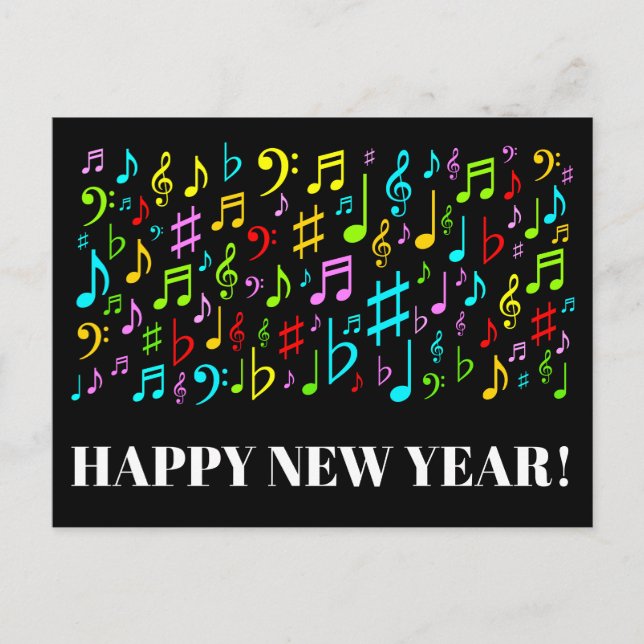 HAPPY NEW YEAR + Colourful Music Symbols Postcard (Front)