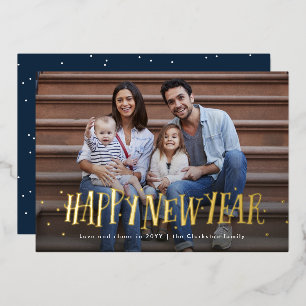 Happy new year confetti one photo navy foil holiday card