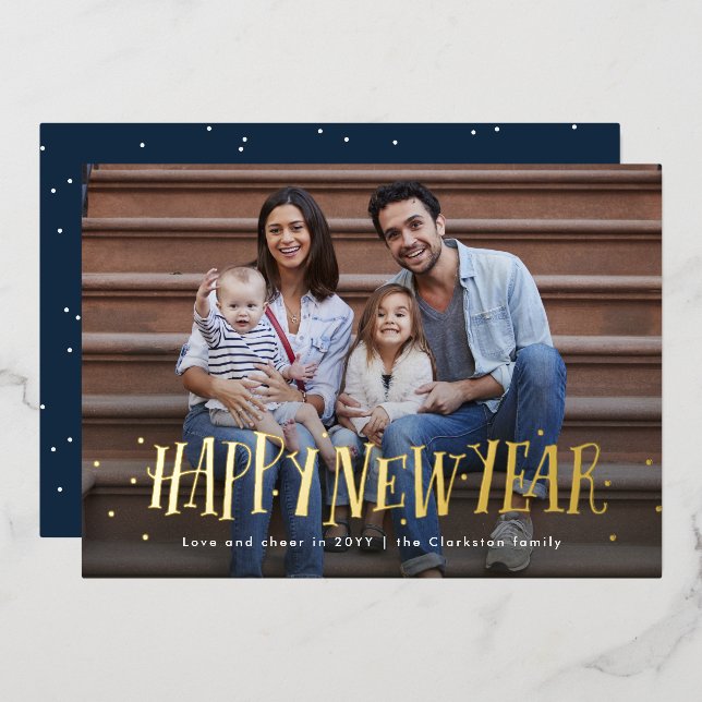 Happy new year confetti one photo navy foil holiday card (Front/Back)