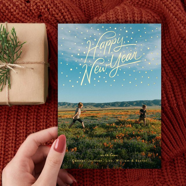 Happy New Year Confetti Photo Foil Holiday Card (Creator Uploaded)