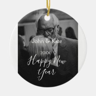 Happy new year couple photo name year black white ceramic tree decoration