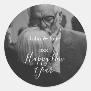 Happy new year couple photo name year black white classic round sticker