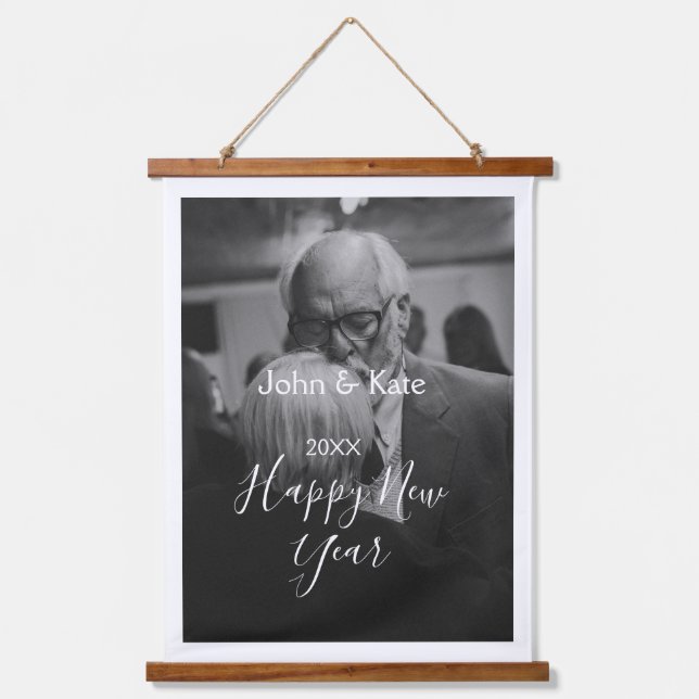 Happy new year couple photo name year black white  hanging tapestry (Front)