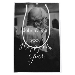 Happy new year couple photo name year black white medium gift bag