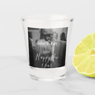 Happy new year couple photo name year black white shot glass