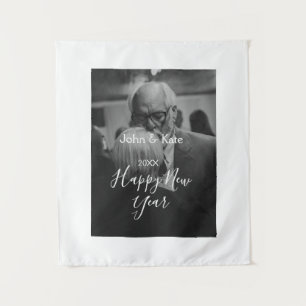 Happy new year couple photo name year black white tapestry