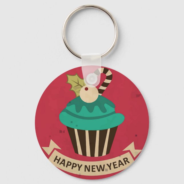 Happy New Year Cupcake Button Keychain (Front)