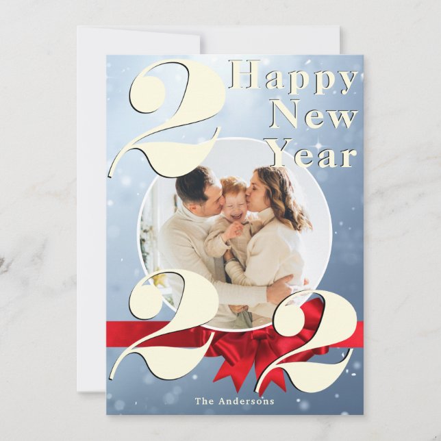 Happy New Year Custom 2022 Blue Snow Photo Card (Front)