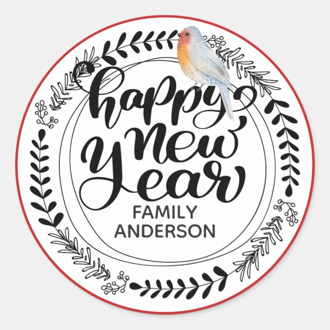 HAPPY NEW YEAR CUSTOM Winter / Christmas Robin Classic Round Sticker (Front)