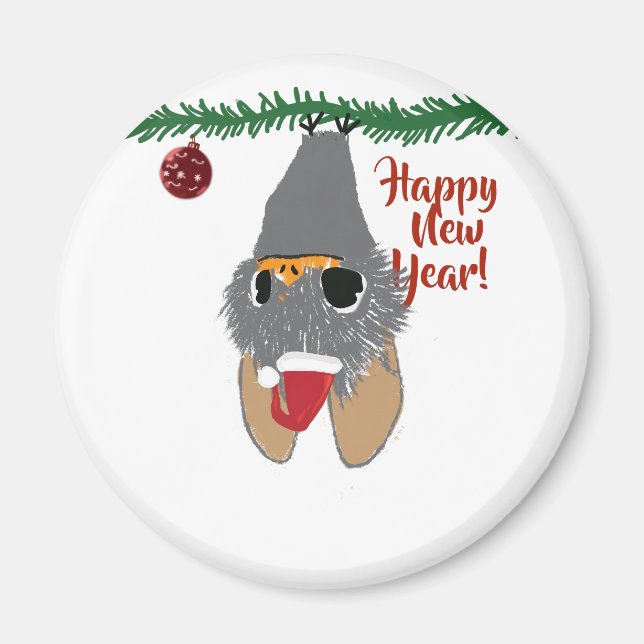Happy New Year, Cute Bat Round Magnet (Front)