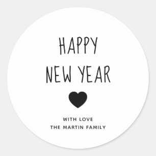 Happy New Year   Cute Black and White Heart Classic Round Sticker