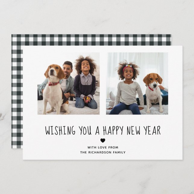 Happy New Year | Cute Black and White Two Photo Holiday Card (Front/Back)