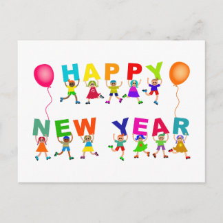 Happy New Year Cute Cartoon Diverse Kids Text Postcard