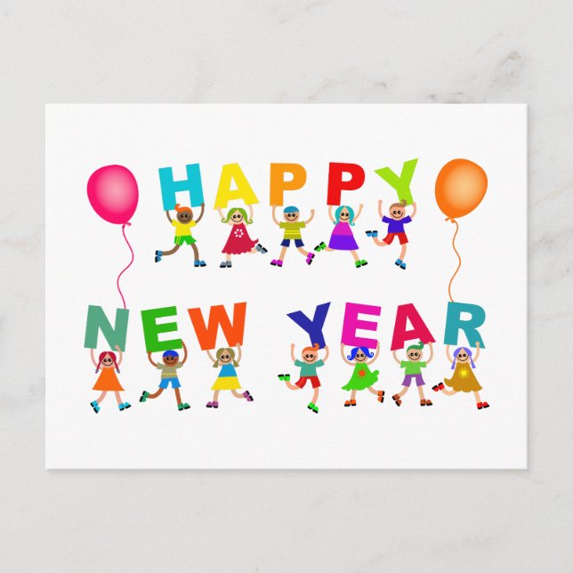 Happy New Year Cute Cartoon Diverse Kids Text Postcard (Front)