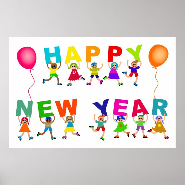 Happy New Year Cute Cartoon Diverse Kids Text Poster (Front)