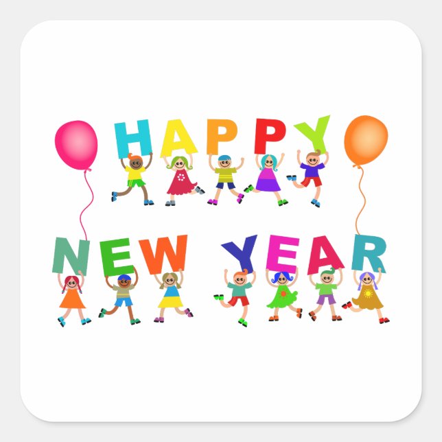 Happy New Year Cute Cartoon Diverse Kids Text Square Sticker (Front)