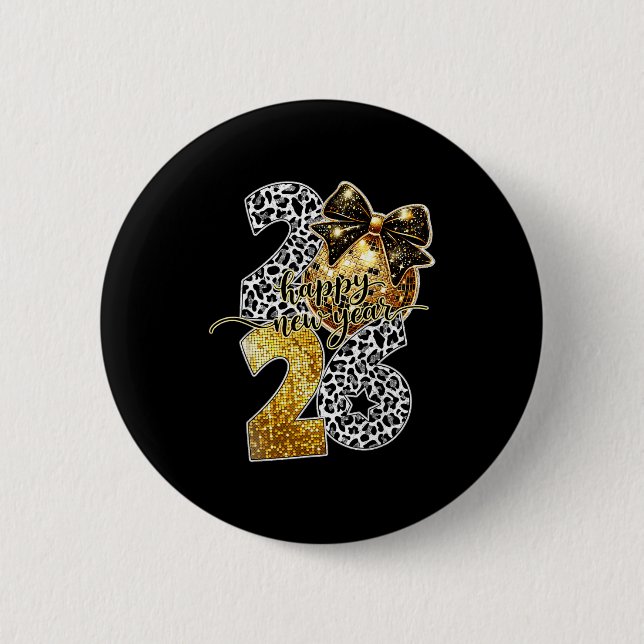 Happy New Year Cute Gold Disco Ball Bow New Year's 6 Cm Round Badge (Front)