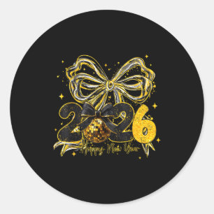 Happy New Year Cute Gold Disco Ball Bow New Year's Classic Round Sticker