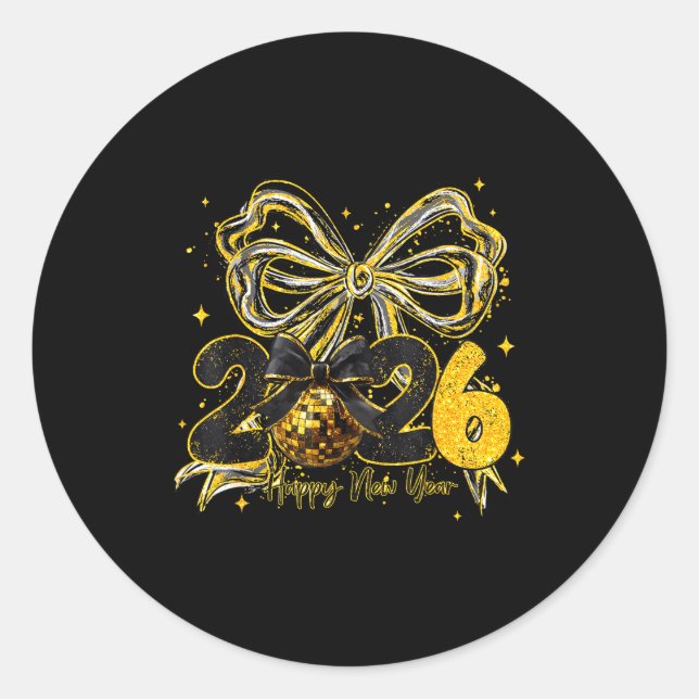 Happy New Year Cute Gold Disco Ball Bow New Year's Classic Round Sticker (Front)
