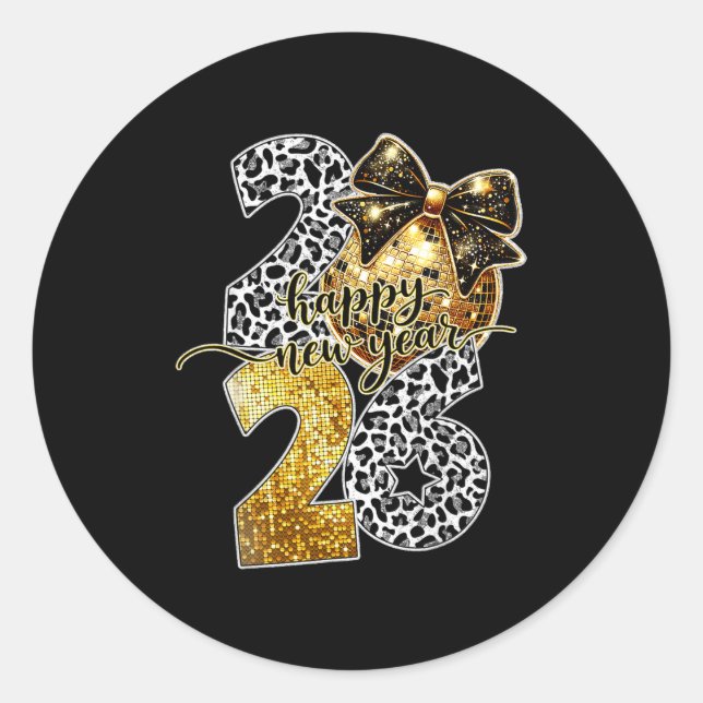 Happy New Year Cute Gold Disco Ball Bow New Year's Classic Round Sticker (Front)
