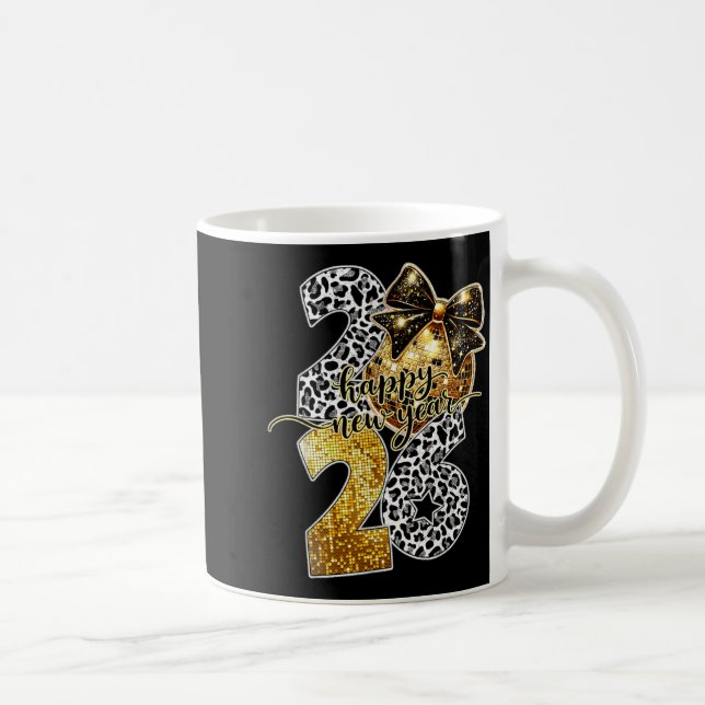 Happy New Year Cute Gold Disco Ball Bow New Year's Coffee Mug (Right)