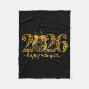 Happy New Year Cute Gold Disco Ball Bow New Year's Fleece Blanket