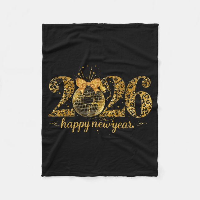 Happy New Year Cute Gold Disco Ball Bow New Year's Fleece Blanket (Front)