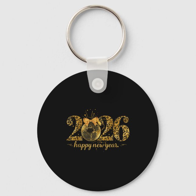 Happy New Year Cute Gold Disco Ball Bow New Year's Key Ring (Front)