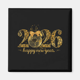 Happy New Year Cute Gold Disco Ball Bow New Year's Magnet