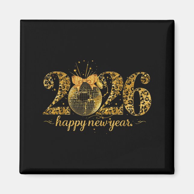 Happy New Year Cute Gold Disco Ball Bow New Year's Magnet (Front)