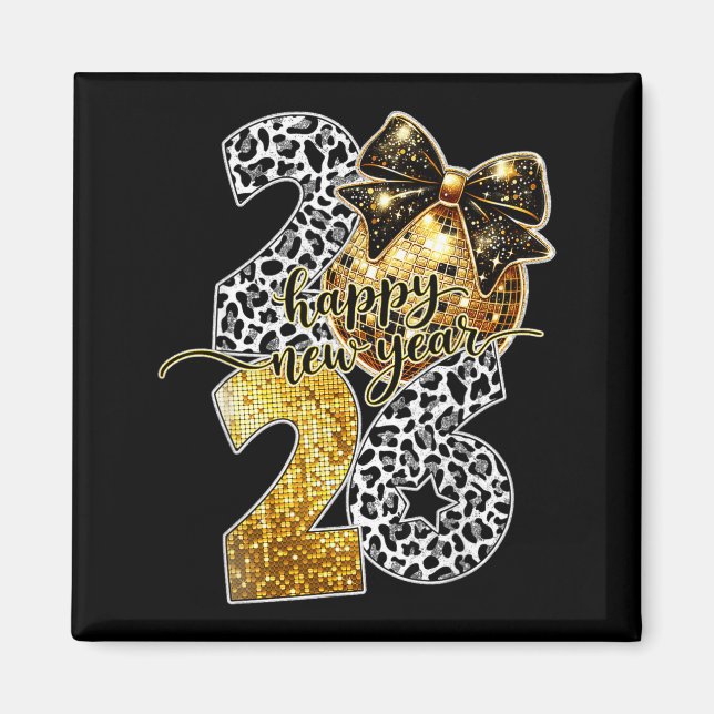 Happy New Year Cute Gold Disco Ball Bow New Year's Magnet (Front)