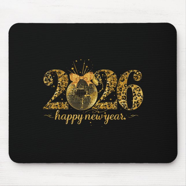 Happy New Year Cute Gold Disco Ball Bow New Year's Mouse Mat (Front)