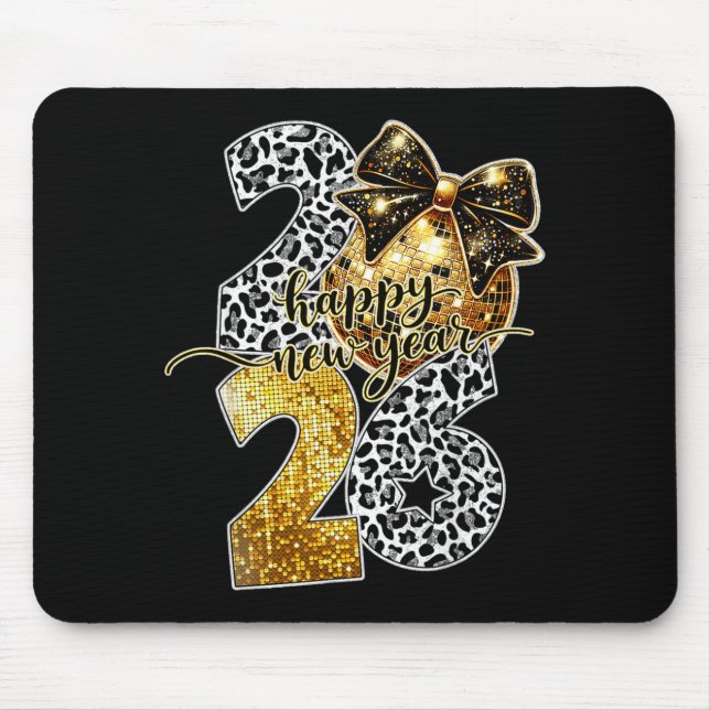 Happy New Year Cute Gold Disco Ball Bow New Year's Mouse Mat (Front)