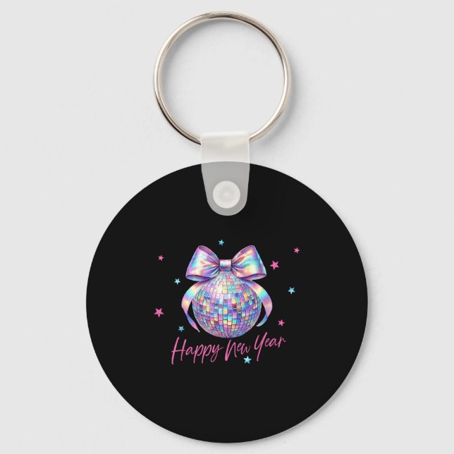 Happy New Year Cute Nk Disco Ball Bow New Year's E Key Ring (Front)