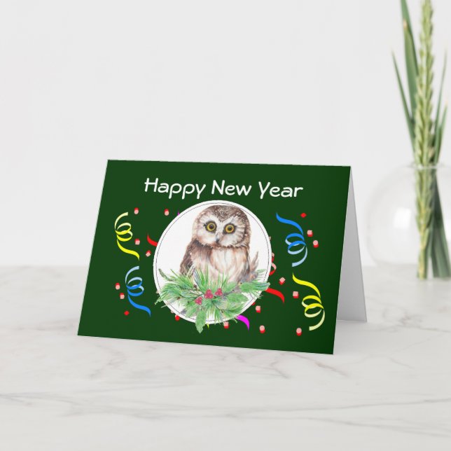 Happy New Year, Cute Owl Bird Greeting Holiday Card (Front)
