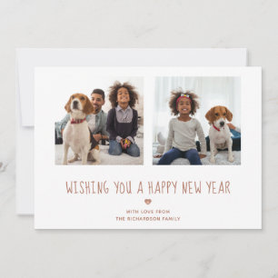 Happy New Year   Cute Rose Gold Two Photo Holiday Card