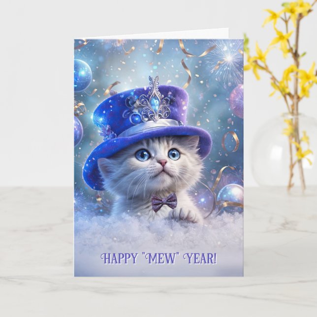 Happy New Year Cute White Kitten Big Fancy Hat Card (Yellow Flower)